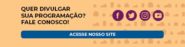  Imagem com fundo amarelado. Do lado esquerdo está escrito em preto a frase “Quer divulgar sua programação? Fale conosco”. Do lado direito, em roxo, os ícones que representam o Facebook, Twitter, Instagram e YouTube. Ao centro e mais na parte inferior da imagem uma tarja azul, com a frase “Acesse nosso site”, escrita em branco.