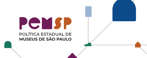 Arte retangular com fundo branco e formas coloridas ligadas por linhas finas, na cor cinza. A sigla PEM-SP aparece em destaque e embaixo está escrito “Política Estadual de Museus de São Paulo”. Texto alinhado à esquerda nas cores laranja, roxa e preta.